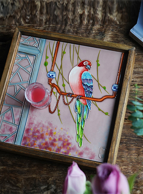 女子瓷板画榆木收纳茶盘装饰摆件