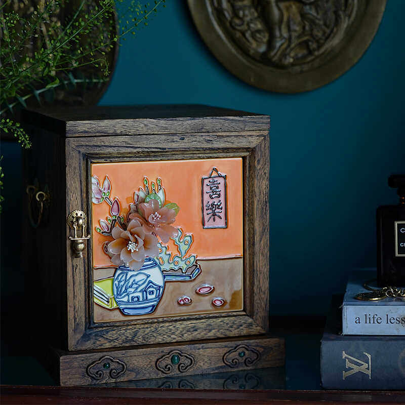 立体手绘陶瓷首饰收纳盒新中式实木首饰箱梳妆盒复古国风珠宝盒,收纳整理,首饰盒,淘宝优惠券,粉丝福利购,淘宝优惠卷