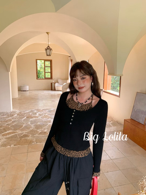 【豹纹日记】大码秋冬辣妹豹纹拼接假两件挂脖长袖打底上衣T恤胖M