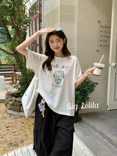 正肩天丝kitty!大码微胖夏季新款胖MM200斤显瘦百搭短袖上衣T恤