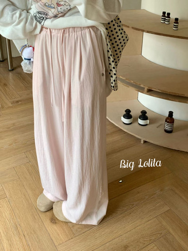 粉嫩天丝裤！大码微胖春季新款胖MM200斤宽松显瘦阔腿裤长裤百搭