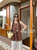 微胖宽松挂脖上衣胖MM 重工绣花料天丝麻无袖 黄油可露丽 大码