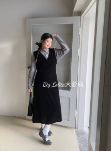 温柔风收腰丝绒背心连衣裙女秋冬长款 大码 波点两件套 黑天鹅