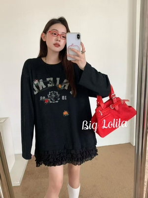 【卢森堡少女】大码微胖韩系重工手绣印花荷叶边卫衣胖MM宽松上衣