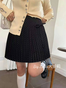 微胖春复古波点百褶裙蝴蝶结防走光A字短裙胖MM 波点少女 大码