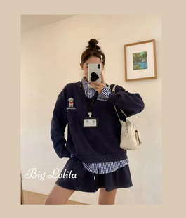 大码 微胖mm美式 学院风假两件拼接格子卫衣半身裙套装 克莱学院