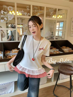 打底衫 胖mm韩系微胖女显瘦蝴蝶结屁帘短袖 大码 200斤 格子花边