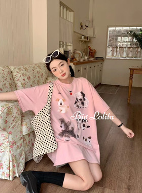 【毛绒狗狗】大码棉印花BF风格可爱甜美T恤上衣夏宽松情侣装胖MM