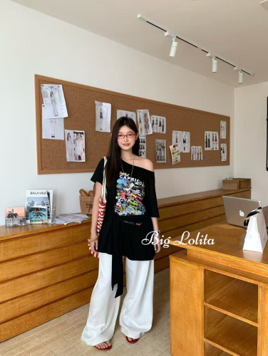 【复古商店】大码斜领绑带短袖印花t恤女新款夏美式露肩上衣胖MM