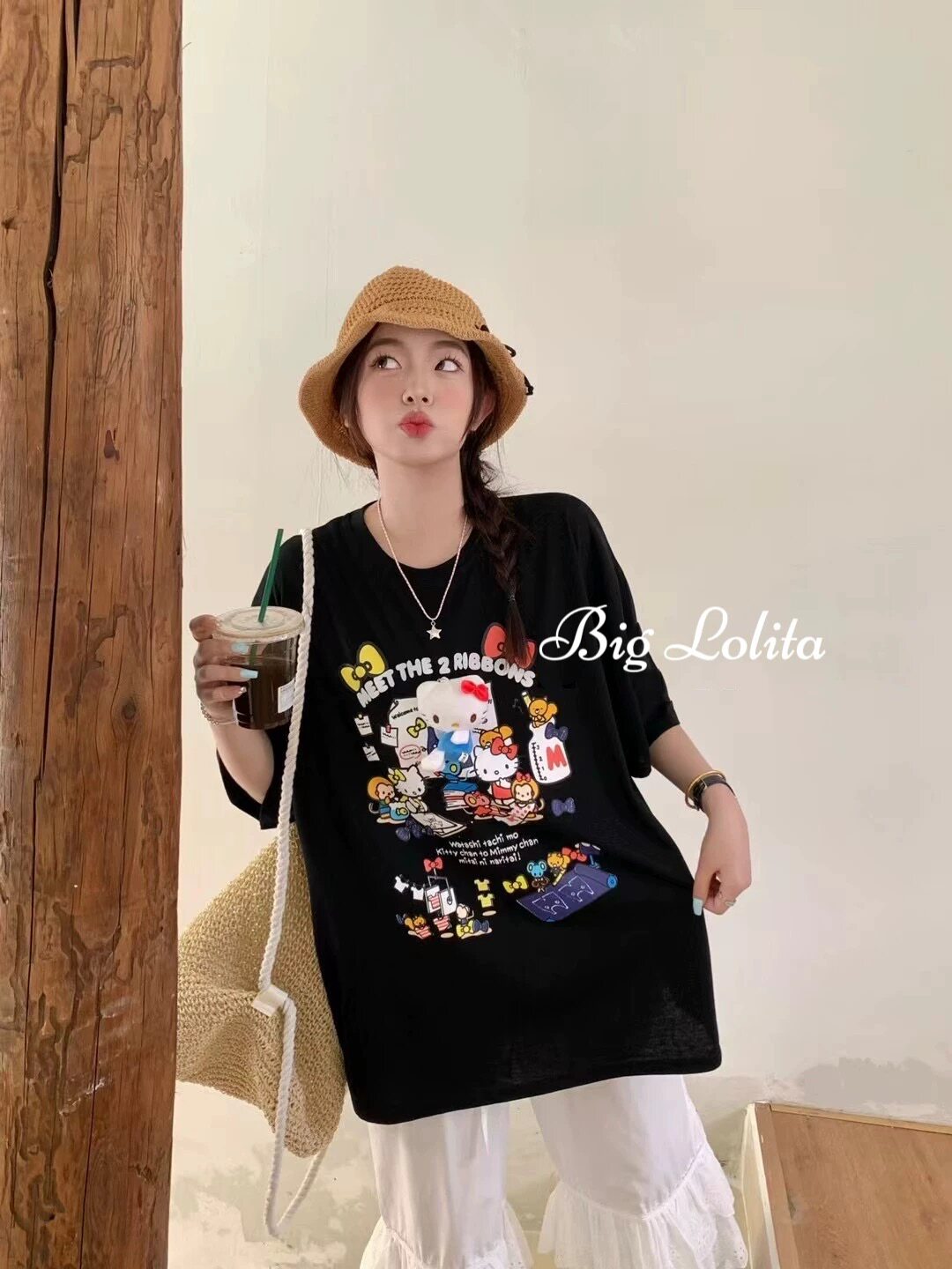 可拆卸Kt玩偶！大码韩系卡通印花短袖T恤女宽松显瘦上衣胖MM200斤