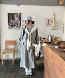 大萝莉大码纯棉卫衣长裙半两件套装女胖mm宽松遮肉韩系慵懒两件套