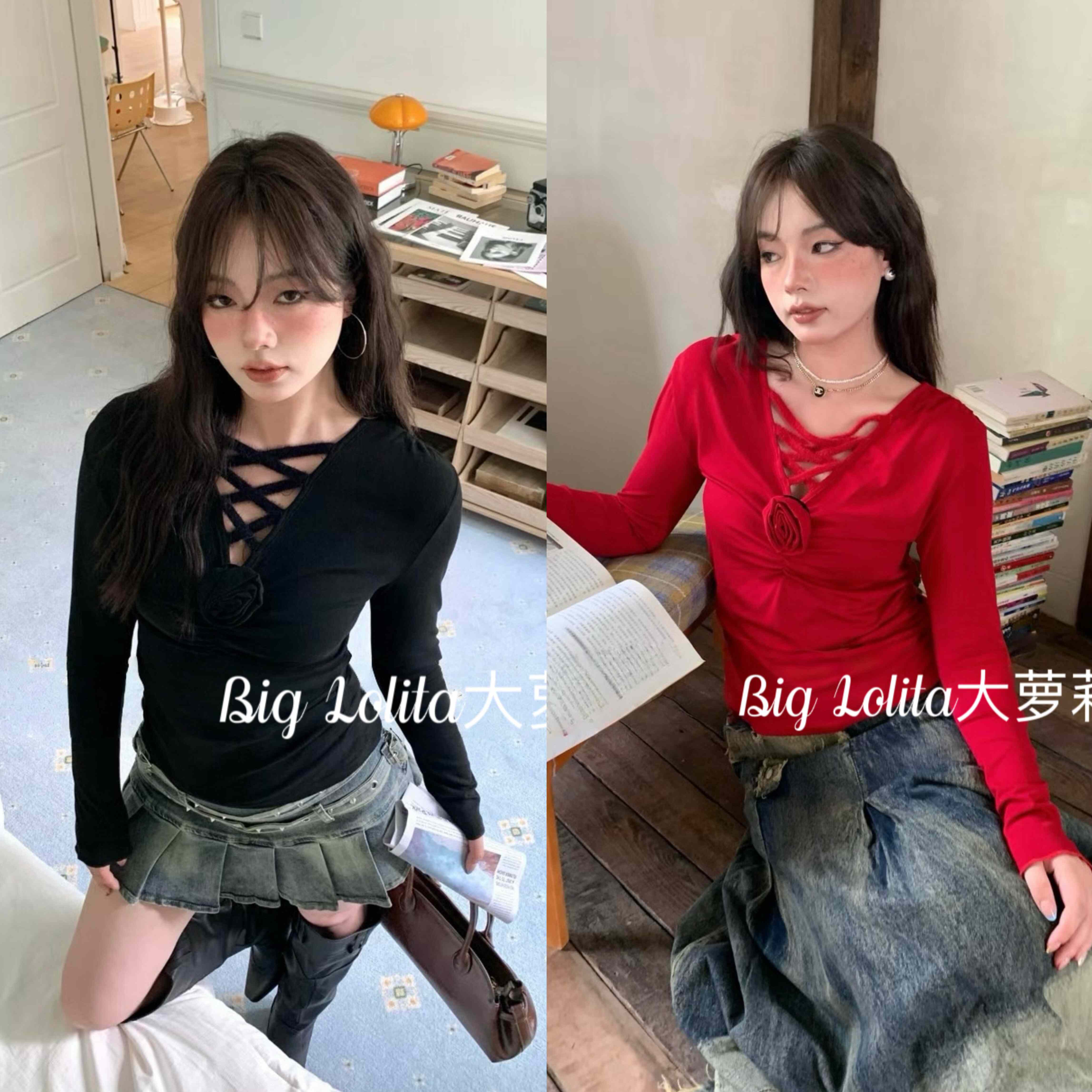 【玫瑰迷雾】大码纯欲风立体花朵V领长袖T恤微胖女性感绑带上衣