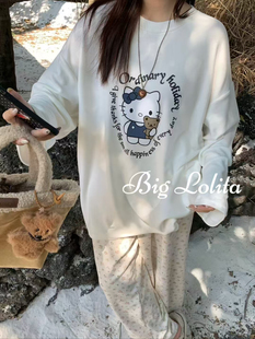 【暖Fufu】大码冬季印花卡通KT猫字母T恤宽松磨毛上衣打底衫胖MM
