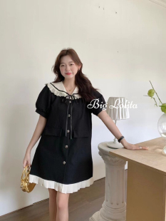 裙女夏减龄显瘦衬衫 条纹蕾丝娃娃微胖宽松西装 大码 裙 未闻花名