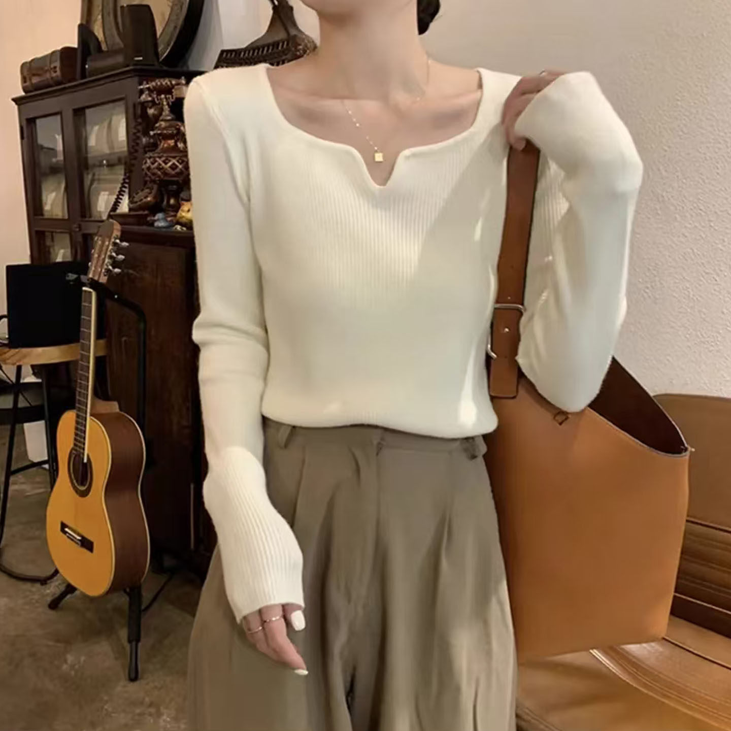 法式方领螺纹针织打底衫女长袖内搭毛衣温柔韩系风上衣2026春秋冬,女装/女士精品,毛衣,淘宝优惠券,粉丝福利购,淘宝优惠卷