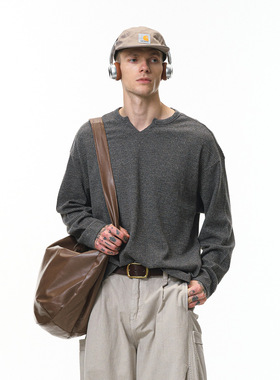 UNF 混纺华夫格开领长袖25秋季新品纯色V领舒适宽松老钱风T恤男女