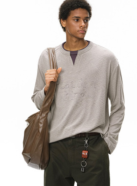 UNF 假两件刺绣长T25秋季新品潮牌美式V领拉领拼接长袖T恤男女潮