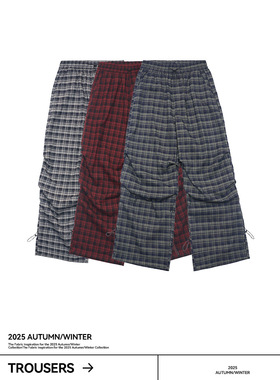 UNF 2025秋冬新款美式复古格纹抽褶伞兵裤宽松直筒休闲工装裤男女