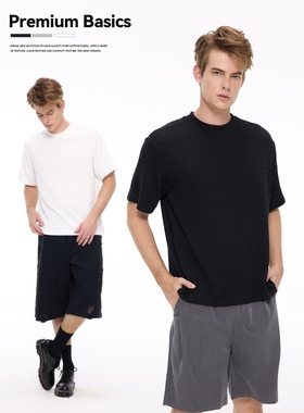 UNF 老钱风正肩修身肌理提花短袖T恤圆领基础款纯色针织tee春夏男