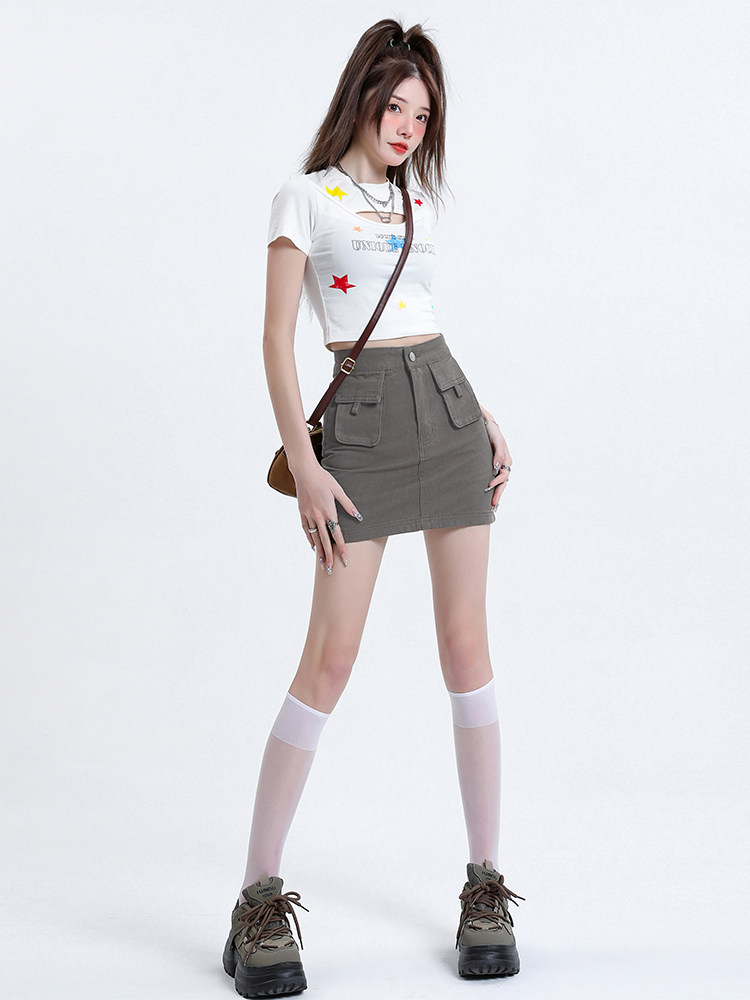 美式高街复古辣妹灰绿色牛仔半身裙女有内衬2023新款夏季包臀短裙