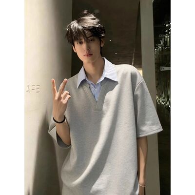 灰色假两件拼接POLO领重磅T恤男