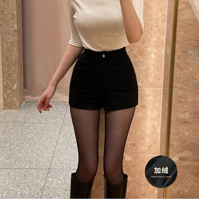 牛仔短裤女秋冬加绒打底靴裤2023