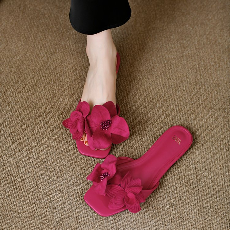 一字带花朵装饰平底女拖鞋