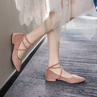 法式小高跟单鞋女2024春款网红低跟高跟鞋ins仙绑带晚晚风温柔鞋