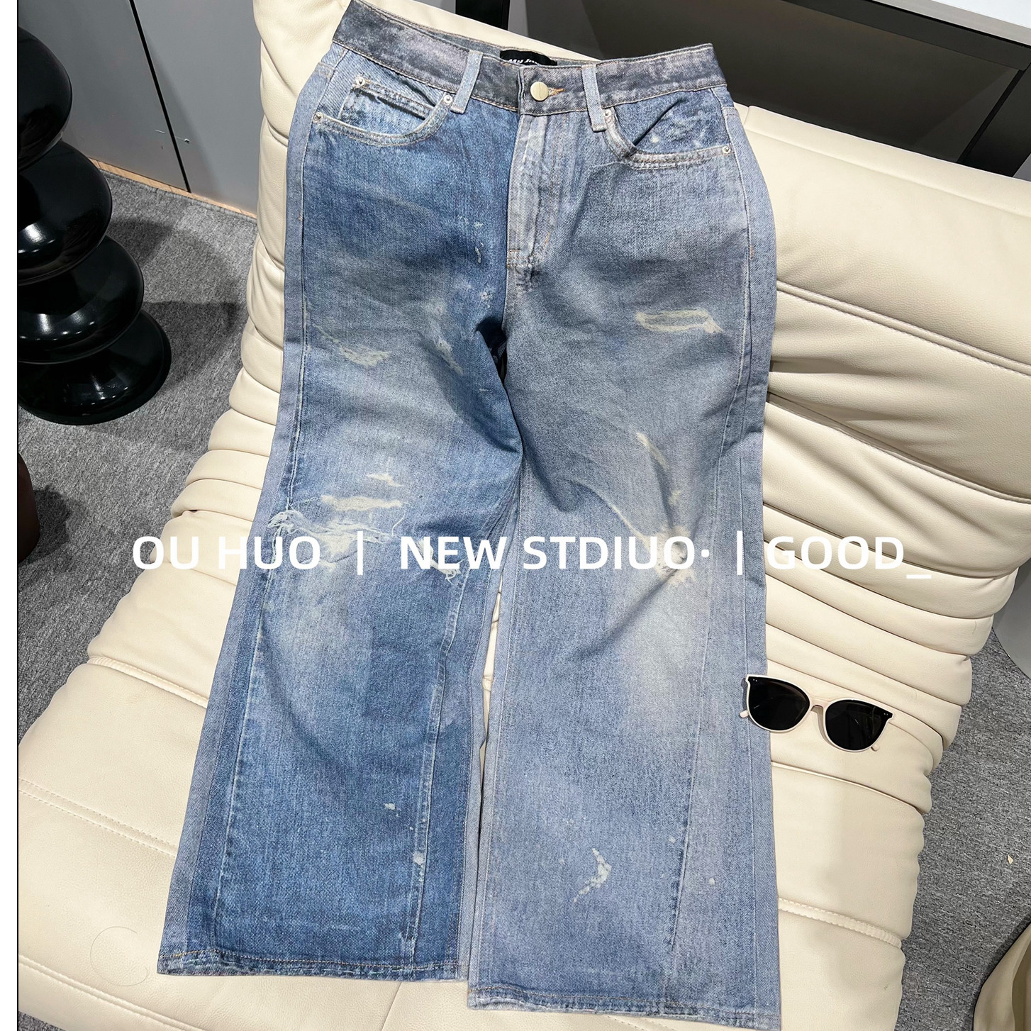 2025秋冬新品欧洲站深圳南油欧货设计师款假破洞阔腿牛仔裤长女