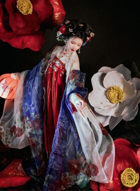 朱颜山茶花唐风汉服女装汉元素刺绣一片式大袖衫古风齐胸襦裙春夏