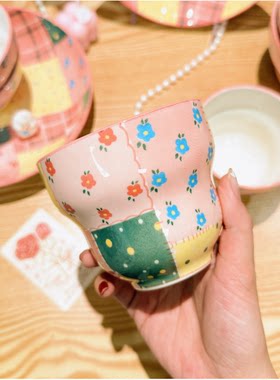 彩色拼布家用釉下彩陶瓷餐具彩绘盘子饭碗咖啡杯艺术品工艺餐具