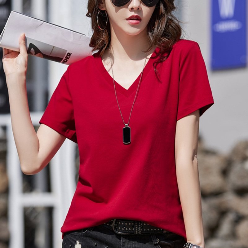 纯棉v领t恤女2025春夏新款宽松百搭时尚休闲性感洋气上衣打底衫潮