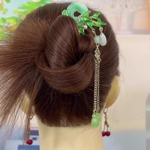 新中式平安扣绿竹U型发簪女新款流苏步摇盘发钗簪子汉服旗袍配饰