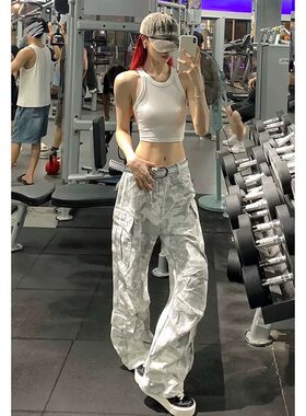 美式高街迷彩高裆微喇牛仔裤