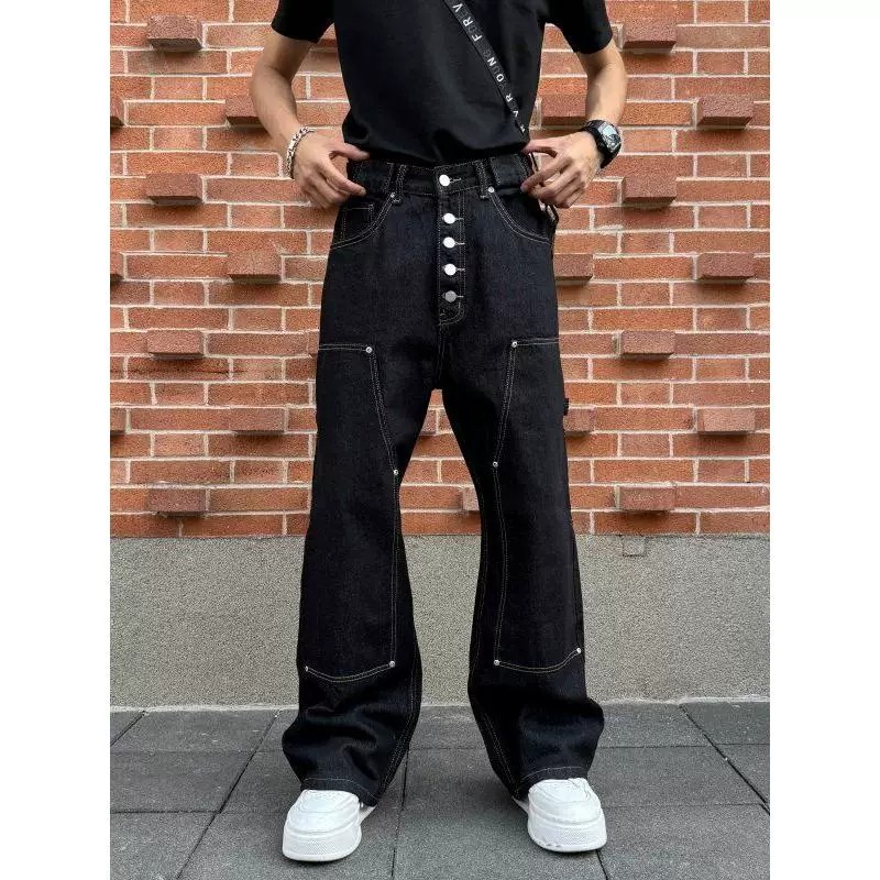 男士排扣拼接宽松牛仔裤