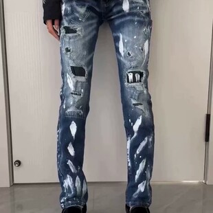 网红蓝色泼墨牛仔裤男女同款百搭潮流破洞小脚修身弹力补丁休闲裤
