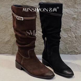 名尚时尚潮酷感靴子堆堆靴女方头牛绒皮粗跟不过膝长靴2024秋冬款