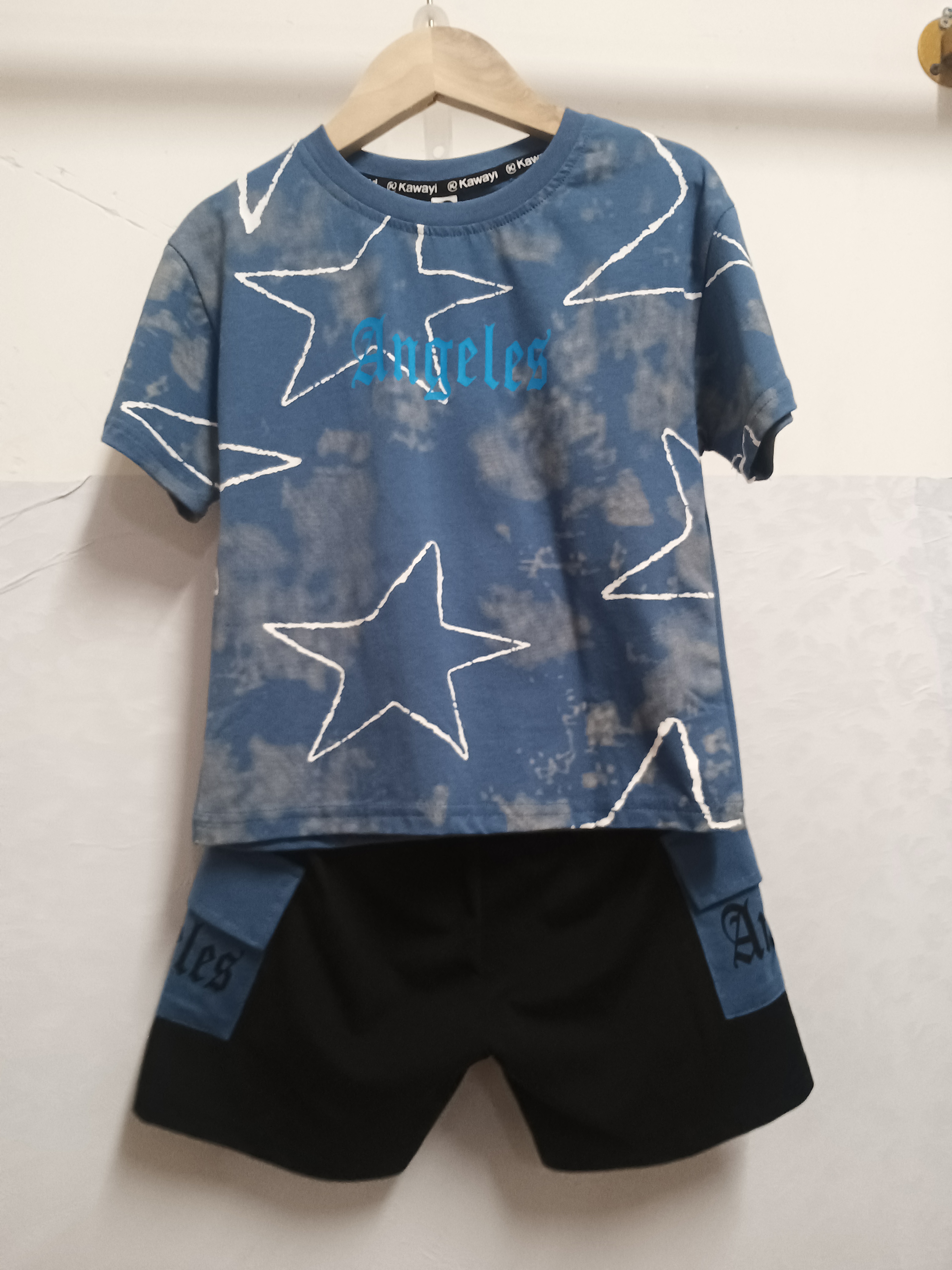 2025夏季新款小男儿童蓝色短袖纯棉T恤圆领+运动短裤休闲套装