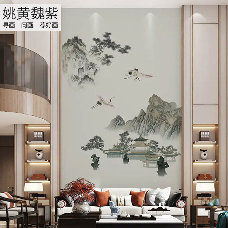 寓意松鹤山水山峰宫殿两层楼loft刺绣壁布别墅复试玄关竖版独绣画