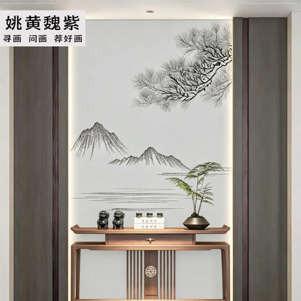 刺绣玄关圆形宋式美学山水松树机绣壁画竖式定制竖幅满绣壁布苏绣