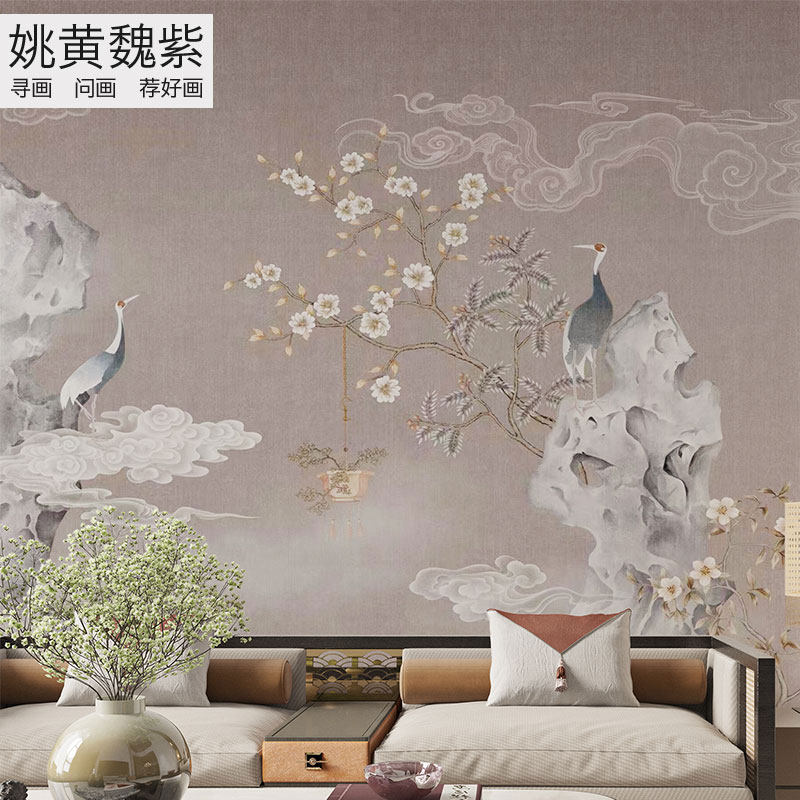 太湖石复古花鸟图壁画工程壁纸布