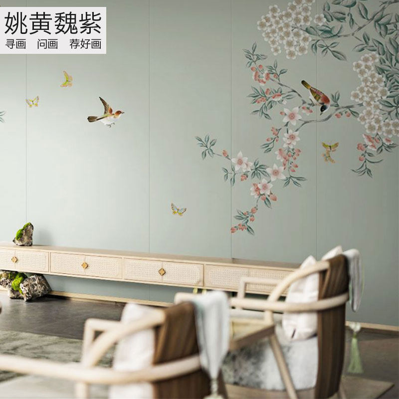 美式花朵叶子展厅刺绣墙布直播间