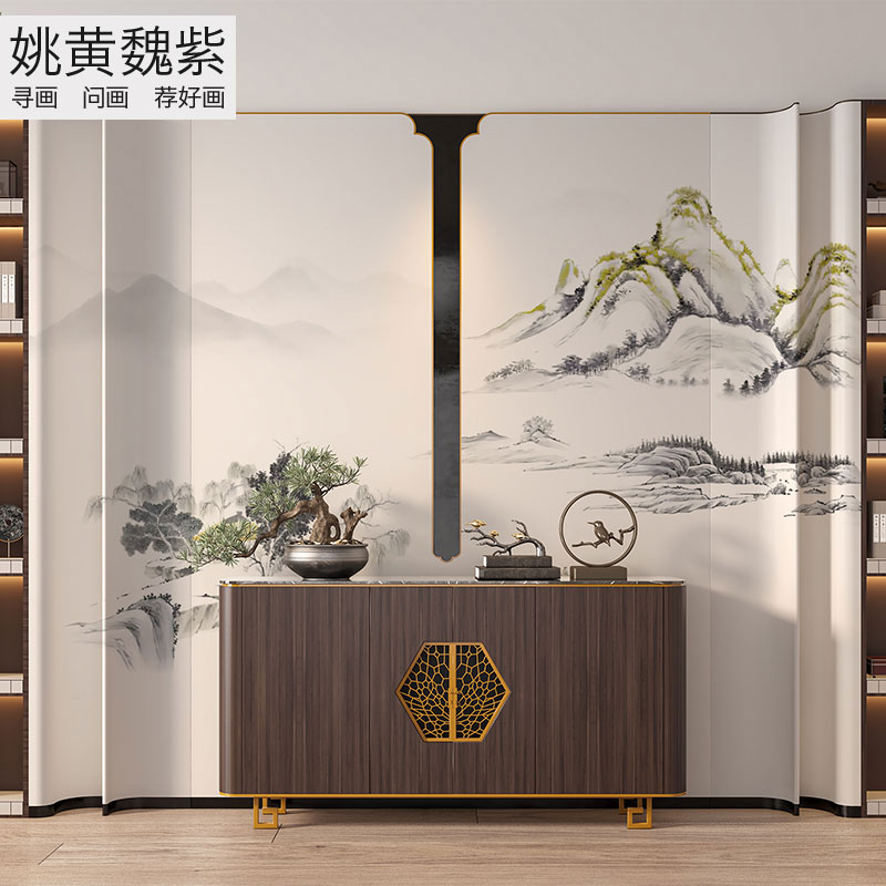 机器绣品壁画传统山水水刺绣墙布