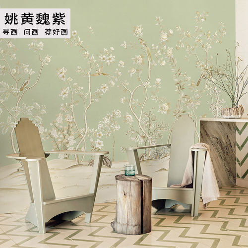 中国风花鸟刺绣墙布床头美式绶带
