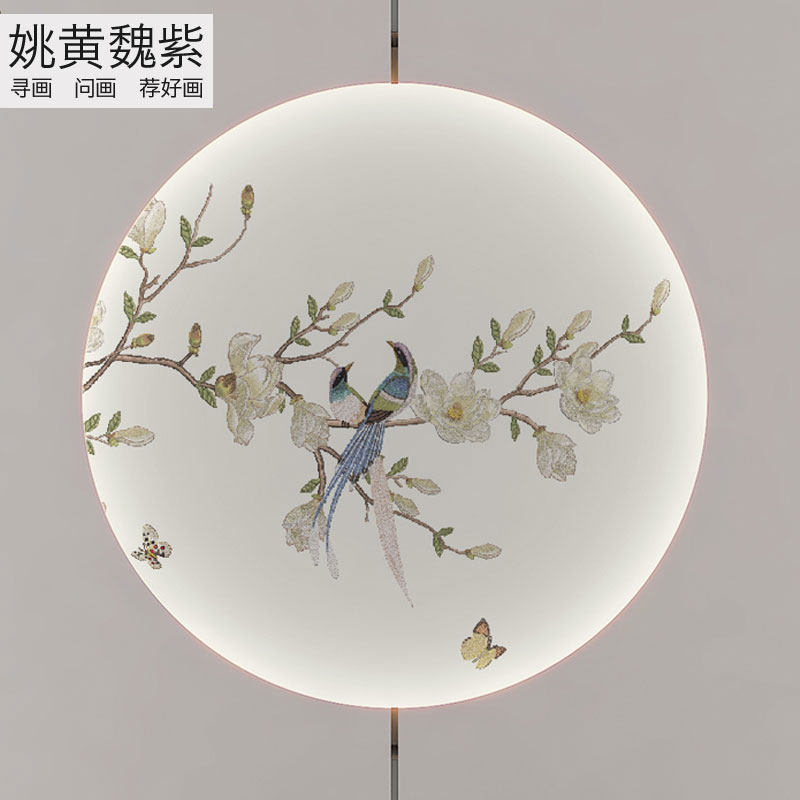 温馨米黄色玉兰大型玄关圆形画芯定制墙布独秀酒店咖啡店刺绣壁布