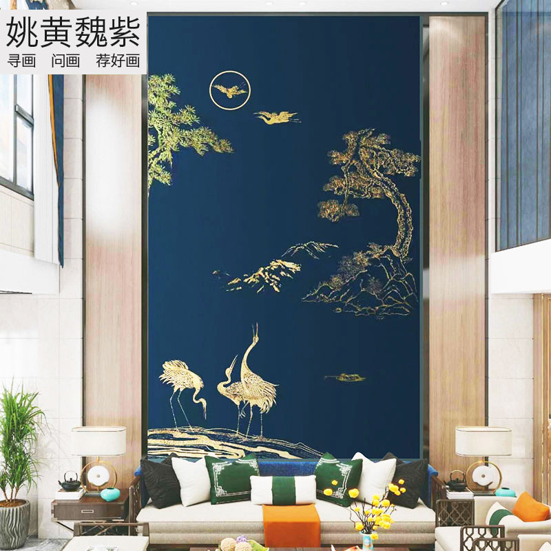 仙鹤松树挑高客厅沙发深蓝色独绣背景墙布3D立体山水玄关整幅壁画