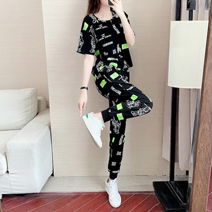 夏装新款胖mm洋气休闲运动套装女宽松时尚印花短袖哈伦裤两件套潮