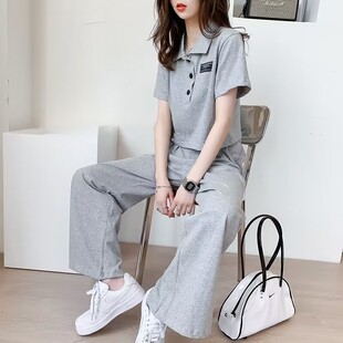 夏装新款是时尚阔腿休闲运动套装女短款polo衫长裤两件套宽松显瘦