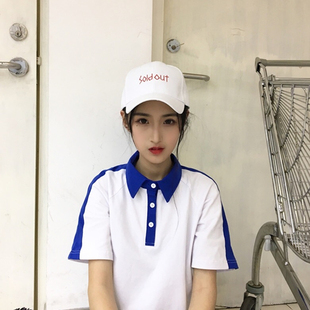 短袖 学院风一杠蓝白校服翻领POLO衫 T恤女宽松休闲上衣 情侣装 夏季