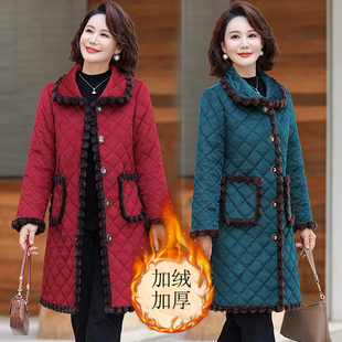 妈妈装冬翻领灯芯绒加绒棉衣外套中年女装中长款宽松保暖棉袄外套